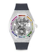 Audemars Piguet. AUDEMARS PIGUET. A RARE AND BEAUTIFUL 18K WHITE GOLD, DIAMOND AND RAINBOW-COLOURED GEMSTONE-SET SKELETONISED TOURBILLON WRISTWATCH