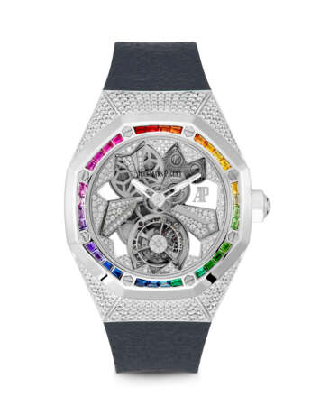 AUDEMARS PIGUET. A RARE AND BEAUTIFUL 18K WHITE GOLD, DIAMOND AND RAINBOW-COLOURED GEMSTONE-SET SKELETONISED TOURBILLON WRISTWATCH - фото 1