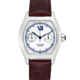 CARTIER. AN 18K WHITE GOLD TONNEAU SHAPED SINGLE BUTTON CHRONOGRAPH WRISTWATCH - фото 1