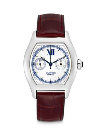 CARTIER. AN 18K WHITE GOLD TONNEAU SHAPED SINGLE BUTTON CHRONOGRAPH WRISTWATCH - фото 1