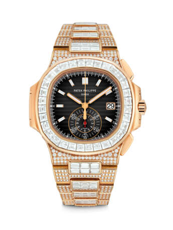 PATEK PHILIPPE. A POSSIBLY UNIQUE AND MAGNIFICENT 18K PINK GOLD AND DIAMOND-SET AUTOMATIC FLYBACK CHRONOGRAPH WRISTWATCH WITH DATE, BRACELET AND RED 60-MINUTE CHRONOGRAPH COUNTER HAND - фото 1