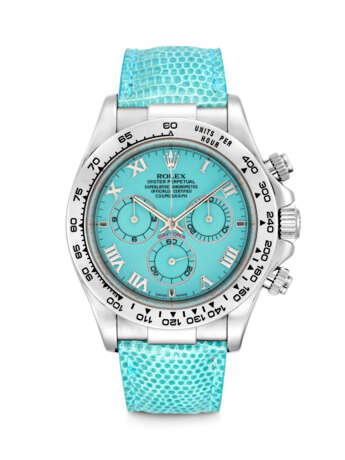 ROLEX. AN ATTRACTIVE 18K WHITE GOLD AUTOMATIC CHRONOGRAPH WRISTWATCH WITH TURQUOISE CHRYSOPRASE DIAL - фото 1