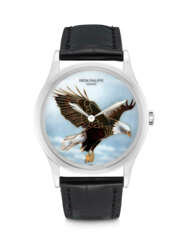 PATEK PHILIPPE. AN ATTRACTIVE AND RARE PLATINUM AUTOMATIC WRISTWATCH WITH CLOISONN&#201; ENAMEL DIAL DEPICTING AN AMERICAN EAGLE BY ANITA PORCHET