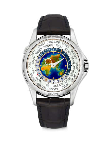 PATEK PHILIPPE. A RARE 18K WHITE GOLD AUTOMATIC WORLD TIME WRISTWATCH WITH CLOISONN&#201; ENAMEL DIAL - photo 1