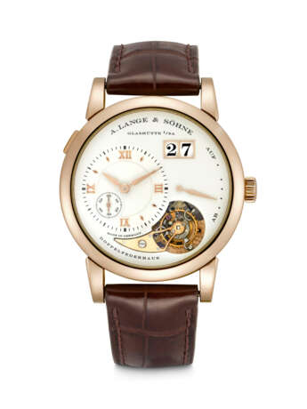 A. LANGE & S&#214;HNE. A RARE 18K HONEYGOLD LIMITED EDITION TOURBILLON WRISTWATCH WITH POWER RESERVE AND OVERSIZED DATE - фото 1