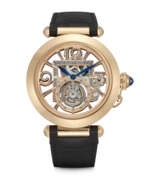 Tourbillon. CARTIER. AN 18K PINK GOLD SKELETONISED TOURBILLON WRISTWATCH