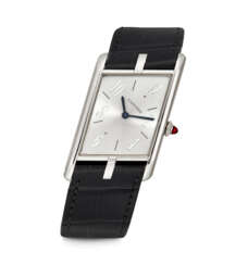 CARTIER. A RARE AND UNUSUAL PLATINUM LIMITED EDITION ASYMMETRICAL WRISTWATCH