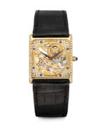 Audemars Piguet. AUDEMARS PIGUET. AN 18K GOLD, DIAMOND AND SAPPHIRE-SET SKELETONISED SQUARE WRISTWATCH