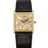 AUDEMARS PIGUET. AN 18K GOLD, DIAMOND AND SAPPHIRE-SET SKELETONISED SQUARE WRISTWATCH - фото 1