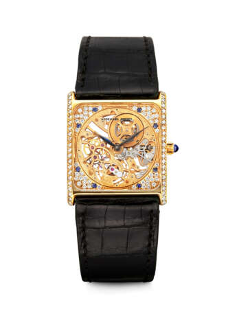 AUDEMARS PIGUET. AN 18K GOLD, DIAMOND AND SAPPHIRE-SET SKELETONISED SQUARE WRISTWATCH - фото 1