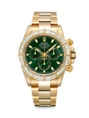 ROLEX. A RARE 18K GOLD AND BAGUETTE-CUT DIAMOND-SET AUTOMATIC CHRONOGRAPH WRISTWATCH WITH BRACELET AND GREEN DIAL