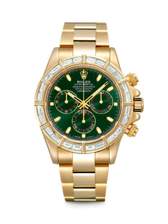 ROLEX. A RARE 18K GOLD AND BAGUETTE-CUT DIAMOND-SET AUTOMATIC CHRONOGRAPH WRISTWATCH WITH BRACELET AND GREEN DIAL - photo 1