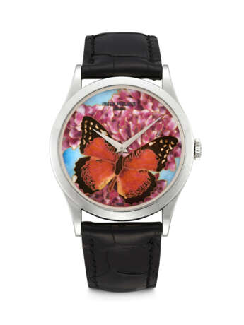 PATEK PHILIPPE. A RARE AND ATTRACTIVE PLATINUM AUTOMATIC WRISTWATCH WITH CLOISONN&#201; ENAMEL DIAL DEPICTING A BUTTERFLY BY ANITA PORCHET - Foto 1