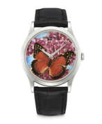 Acrylglas. PATEK PHILIPPE. A RARE AND ATTRACTIVE PLATINUM AUTOMATIC WRISTWATCH WITH CLOISONN&#201; ENAMEL DIAL DEPICTING A BUTTERFLY BY ANITA PORCHET