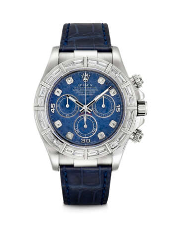 ROLEX. AN ATTRACTIVE AND VERY RARE 18K WHITE GOLD AND DIAMOND-SET AUTOMATIC CHRONOGRAPH WRISTWATCH WITH SODALITE DIAL - фото 1