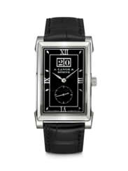 A. LANGE &amp; S&#214;HNE. A PLATINUM RECTANGULAR WRISTWATCH WITH OVERSIZED DATE