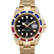 ROLEX. A RARE 18K GOLD, DIAMOND, SAPPHIRE AND RUBY-SET AUTOMATIC DUAL TIME WRISTWATCH WITH SWEEP CENTRE SECONDS, DATE AND BRACELET - Auction prices