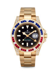 ROLEX. A RARE 18K GOLD, DIAMOND, SAPPHIRE AND RUBY-SET AUTOMATIC DUAL TIME WRISTWATCH WITH SWEEP CENTRE SECONDS, DATE AND BRACELET