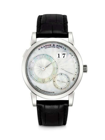 A. LANGE & S&#214;HNE. A RARE 18K WHITE GOLD WRISTWATCH WITH OVERSIZED DATE, POWER RESERVE AND MOTHER-OF-PEARL DIAL - фото 1