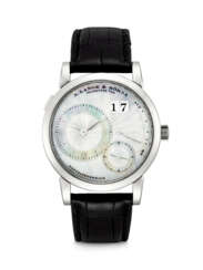 A. LANGE &amp; S&#214;HNE. A RARE 18K WHITE GOLD WRISTWATCH WITH OVERSIZED DATE, POWER RESERVE AND MOTHER-OF-PEARL DIAL