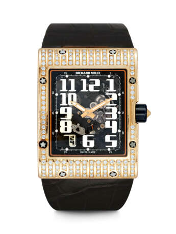 RICHARD MIILLE. A RARE 18K PINK GOLD AND DIAMOND-SET AUTOMATIC SKELETONISED RECTANGULAR WRISTWATCH WITH DATE - photo 1