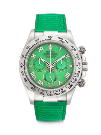 ROLEX. AN ATTRACTIVE 18K WHITE GOLD AUTOMATIC CHRONOGRAPH WRISTWATCH WITH GREEN CHRYSOPRASE DIAL - фото 1