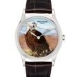 PATEK PHILIPPE. AN ATTRACTIVE AND RARE PLATINUM AUTOMATIC WRISTWATCH WITH CLOISONN&#201; ENAMEL DIAL DEPICTING AN AMERICAN EAGLE BY ANITA PORCHET - Prix ​​des enchères