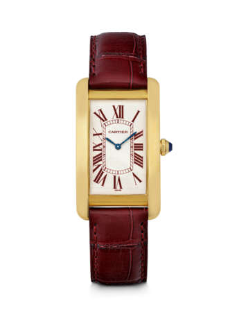 CARTIER. A VERY RARE AND ATTRACTIVE 18K GOLD LIMITED EDITION WRISTWATCH WITH BURGUNDY ROMAN NUMERALS, MADE FOR THE ITALIAN MARKET - photo 1