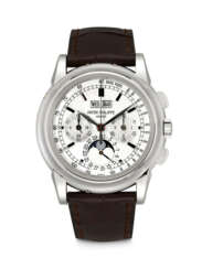 PATEK PHILIPPE. AN 18K WHITE GOLD PERPETUAL CALENDAR CHRONOGRAPH WRISTWATCH WITH MOON PHASES, 24 HOUR AND LEAP YEAR INDICATION