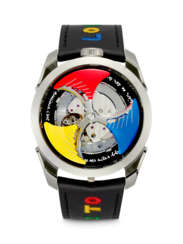 M.A.D.EDITIONS X JEAN-CHARLES DE CASTELBAJAC. A STAINLESS STEEL SEMI-SKELETONOISED LIMITED EDITION AUTOMATIC WRISTWATCH