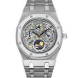 AUDEMARS PIGUET. AN EXTREMELY RARE PLATINUM AND STAINLESS STEEL LIMITED EDITION AUTOMATIC SKELETONISED PERPETUAL CALENDAR WRISTWATCH WITH LEAP YEAR INDICATOR, MOON PHASES AND BRACELET, MADE TO CELEBRATE THE 25TH ANNIVERSARY OF ROYAL OAK - фото 1