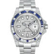 ROLEX. A RARE 18K WHITE GOLD, DIAMOND AND SAPPHIRE-SET AUTOMATIC DUAL TIME WRISTWATCH WITH SWEEP CENTRE SECONDS, DATE AND BRACELET - Prix ​​des enchères