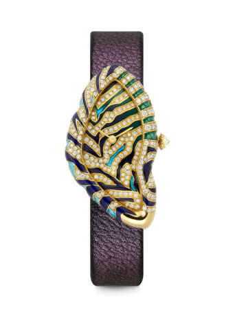 CARTIER. A VERY RARE AND GORGEOUS 18K GOLD, ENAMEL AND DIAMOND-SET LIMITED EDITION ASYMMETRICAL WRISTWATCH - photo 1