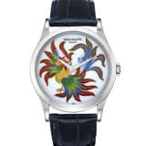 PATEK PHILIPPE. A RARE AND ATTRACTIVE PLATINUM AUTOMATIC WRISTWATCH WITH CLOISONN&#201; ENAMEL DIAL DEPICTING A PHOENIX - Foto 1