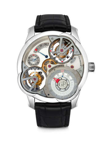 GREUBEL FORSEY. AN EXTREMELY RARE AND MAGNIFICENT PLATINUM LIMITED EDITION ASYMMETRICAL WRISTWATCH WITH DIFFERENTIAL QUADRUPLE TOURBILLON, POWER RESERVE AND WANDERING MINUTES - фото 1