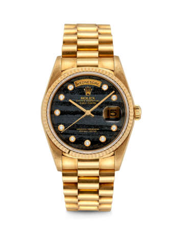 ROLEX. A RARE 18K GOLD AND DIAMOND-SET AUTOMATIC WRISTWATCH WITH SWEEP CENTRE SECONDS, DAY, DATE, BRACELET AND FERRITE DIAL - фото 1