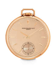 PATEK PHILIPPE. A BEAUTIFUL 18K PINK GOLD POCKET WATCH WITH ROSE DIAL