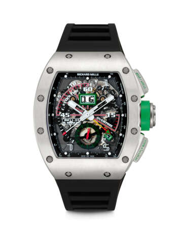 RICHARD MILLE. A RARE AND ATTRACTIVE TITANIUM LIMITED EDITION AUTOMATIC SEMI-SKELETONISED FLYBACK CHRONOGRAPH ANNUAL CALENDAR WRISTWATCH WITH SWEEP CENTRE SECONDS - фото 1