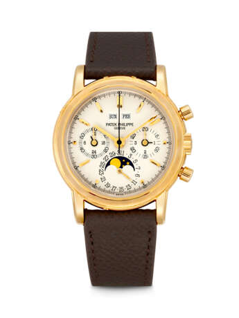 PATEK PHILIPPE. AN ATTRACTIVE 18K GOLD PERPETUAL CALENDAR CHRONOGRAPH WRISTWATCH WITH MOON PHASES, 24 HOUR AND LEAP YEAR INDICATION - Foto 1