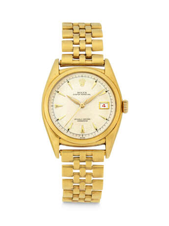 ROLEX. A VERY RARE 18K GOLD AUTOMATIC WRISTWATCH WITH SWEEP CENTRE SECONDS, DATE AND BRACELET - Foto 1