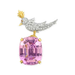 TIFFANY &amp; CO. BY JEAN SCHLUMBERGER KUNZITE, DIAMOND AND COLOURED SAPPHIRE &#39;BIRD ON A ROCK&#39; BROOCH