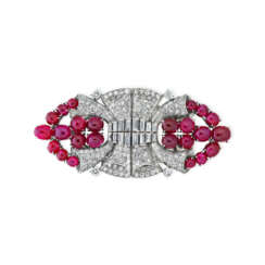 CARTIER RUBY AND DIAMOND DOUBLE CLIP BROOCH