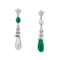 NATURAL PEARL, EMERALD AND DIAMOND EARRINGS