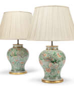 China. A PAIR OF CHINESE FAMILLE VERTE BALUSTER VASE TABLE LAMPS