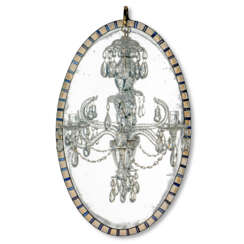 AN IRISH GEORGE III GILT-DECORATED BLUE AND WHITE GLASS OVAL MIRROR CHANDELIER