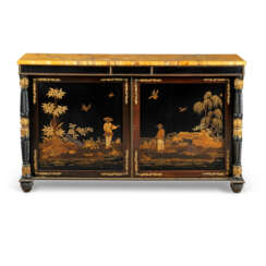 A REGENCY ORMOLU-MOUNTED BLACK AND GILT-JAPANNED PAPIER MACHE, EBONISED AND MAHOGANY SIDE CABINET