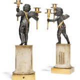 A PAIR OF FRENCH ORMOLU AND PATINATED-BRONZE AND WHITE MARBLE TWO-LIGHT CANDELABRA - photo 2