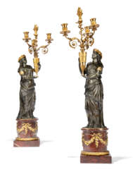 A PAIR OF LARGE FRENCH ORMOLU, PATINATED-BRONZE AND ROUGE GRIOTTE MARBLE THREE-LIGHT CANDELABRA