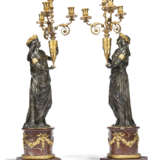 A PAIR OF LARGE FRENCH ORMOLU, PATINATED-BRONZE AND ROUGE GRIOTTE MARBLE THREE-LIGHT CANDELABRA - фото 2