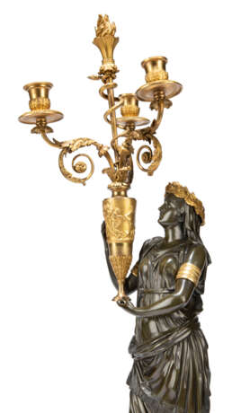 A PAIR OF LARGE FRENCH ORMOLU, PATINATED-BRONZE AND ROUGE GRIOTTE MARBLE THREE-LIGHT CANDELABRA - фото 5